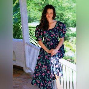 PRISTINE vintage laura Ashley midi dress size 12 US blue pink rose floral